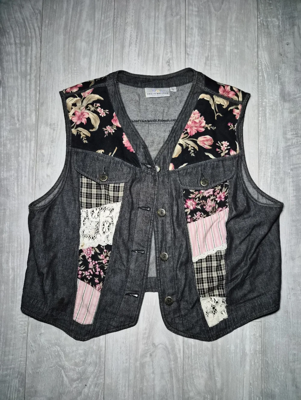 Patchwork Susan Bristol Vintage Vest top button up denim lace floral L Cottagec - Picture 2 of 8